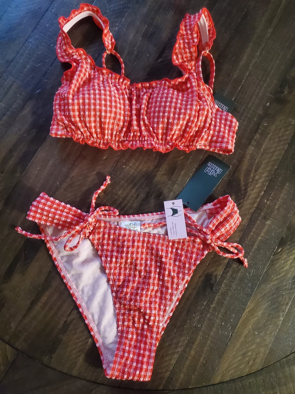 wild fable Pink & Red Gingham Ruffle Bikini Set